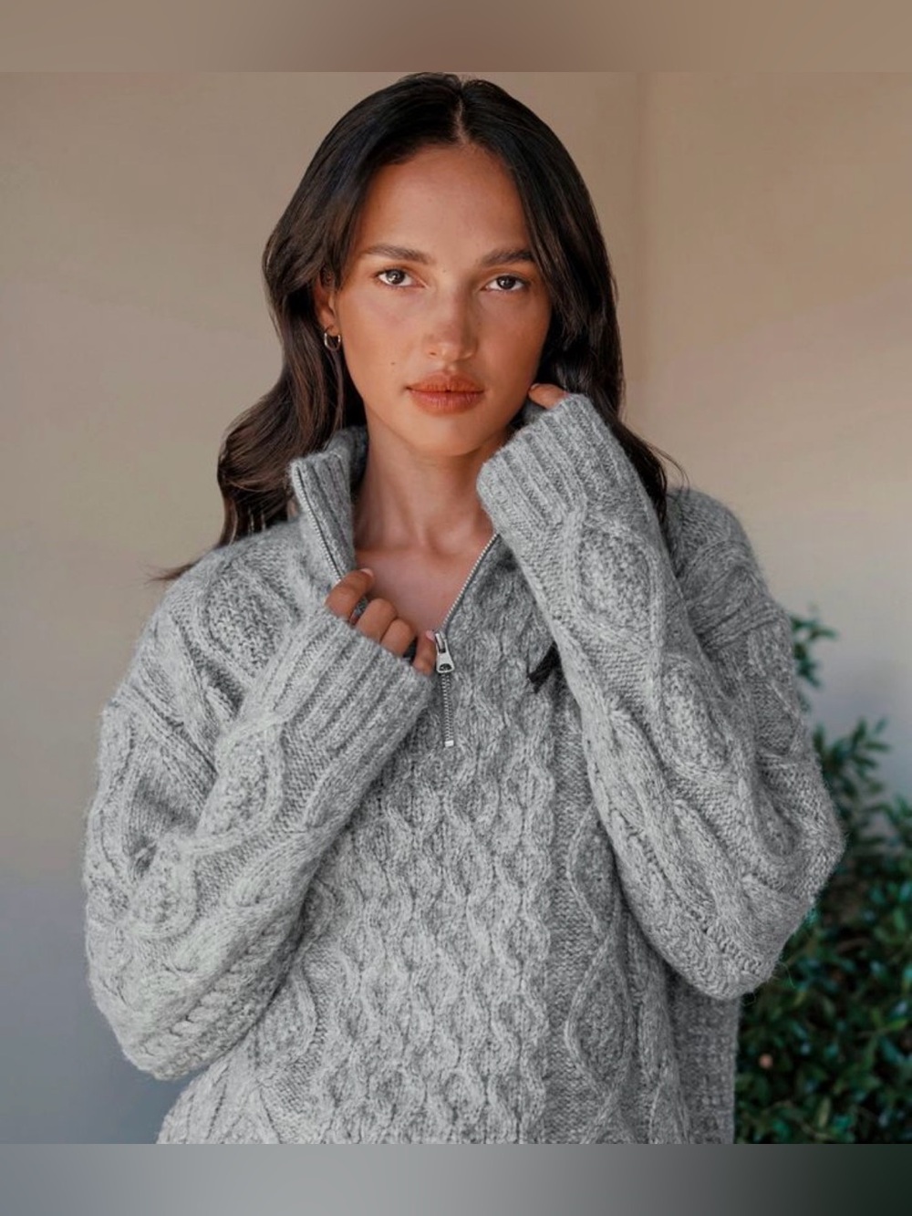 Jenni Kayne Cable Half Zip Heather Gray Alpaca Merino Wool Sweater Small